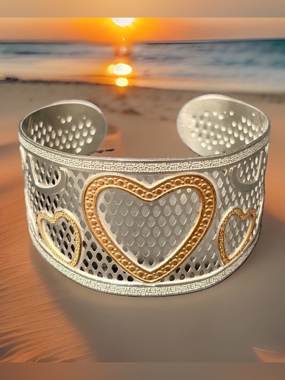 Silver Rose Gold Two Tone Filigree Heart Wide Cuff Bracelet Mesh Perforated Band